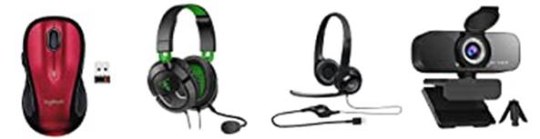 Picture of a wireless mouse, green headset, black headset, and computer video camera.