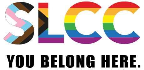 SLCC letters with Pride Progress Flag coloring
