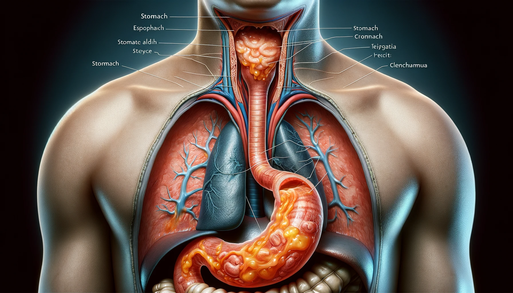DALL·E 2023-12-12 09.15.25 - An anatomical illustration of Gastroesophageal Reflux Disease (GERD). The image focuses on a person's esophagus, shown in a detailed and scientificall.png