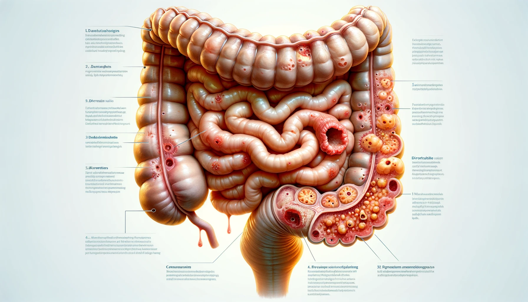 DALL·E 2023-12-12 09.21.04 - An anatomical illustration of Diverticulosis. The image provides a detailed and scientifically accurate view of a person's large intestine affected by.png