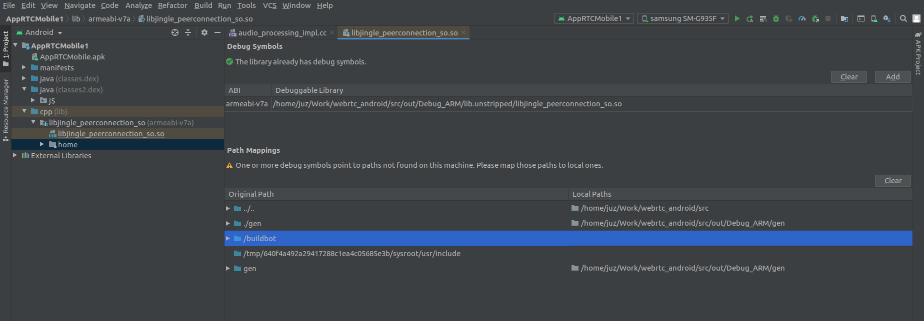 Debugging webrtc C++ code in Android Studio