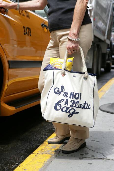 The original Anya Hindmarch tote, sold at Whole Foods for $15 back in 2007, that kick-started the anti-plastic-bag campaign.