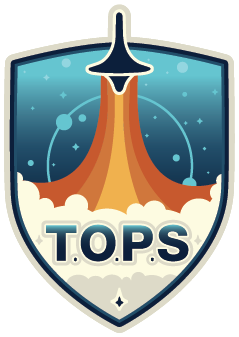 The image is the Transform to Open Science badge which consists of a rocket launching into space. In the clouds from the launch is the TOPS acronym. 