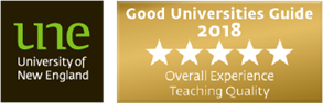 UNE Logo with Good Universities Guide 2018 five stars for Overall Experience and Teaching Quality