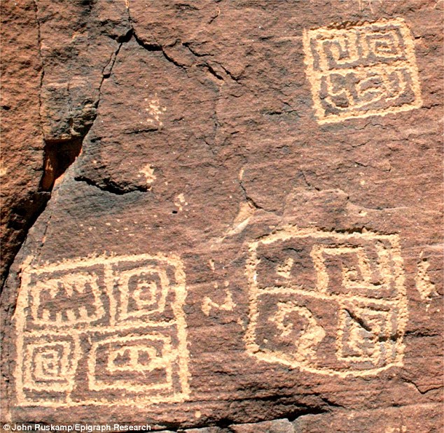 Mr Ruskamp also claims the pictograms shown
                  above, which were found carved into rocks in Arizona,
                  also appear to belong to an ancient Chinese script. He
                  believes Chinese explorers were conducting expeditions
                  around North America thousands of years ago and left
                  these markings as evidence of their presence