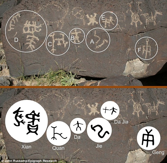 Epigraph researcher John Ruskamp claims these
                  symbols shown in the enhanced image above, found
                  etched into rock at the Petroglyph National Monument
                  in Albuquerque, New Mexico, are evidence that ancient
                  Chinese explorers discovered America long before
                  Christopher Columbus stumbled on the continent in
                  1492
