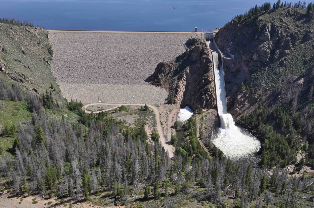 The spillway
                    at Granby Dam rarely gets used, because nearly all
                    water upstream is diverted to eastern Colorado.
                    Photo/U.S. Bureau of Reclamation